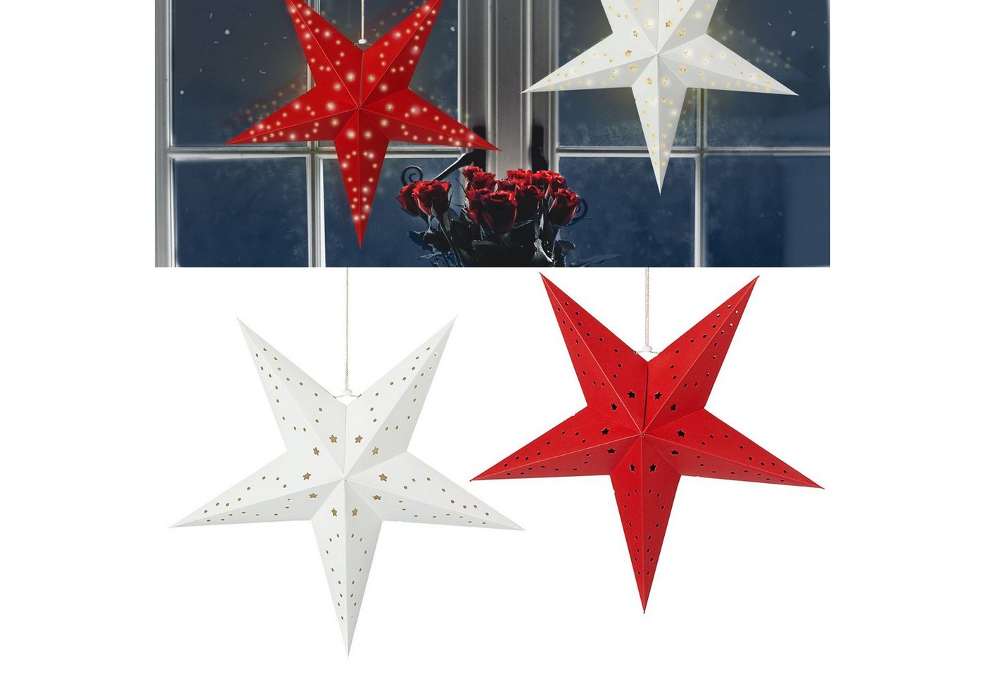 CEPEWA Fensterdekoration Papierstern ´Star´ faltbar 2er Set rot weiß 31x38cm Stern Fensterdeko von CEPEWA