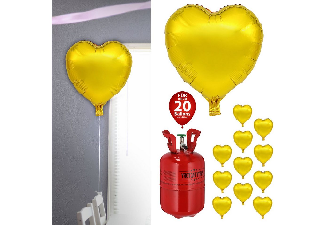 CEPEWA Folienballon Ballongas Set 12 Folienballons Herz B45cm gold Heliumflasche 140L von CEPEWA