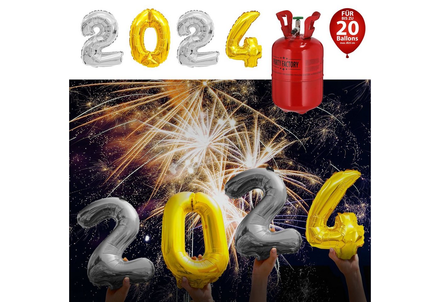 CEPEWA Folienballon Ballongas Set 2024 Folienballon 2x2 silber 1x0 + 1x4 gold 140L Gas von CEPEWA