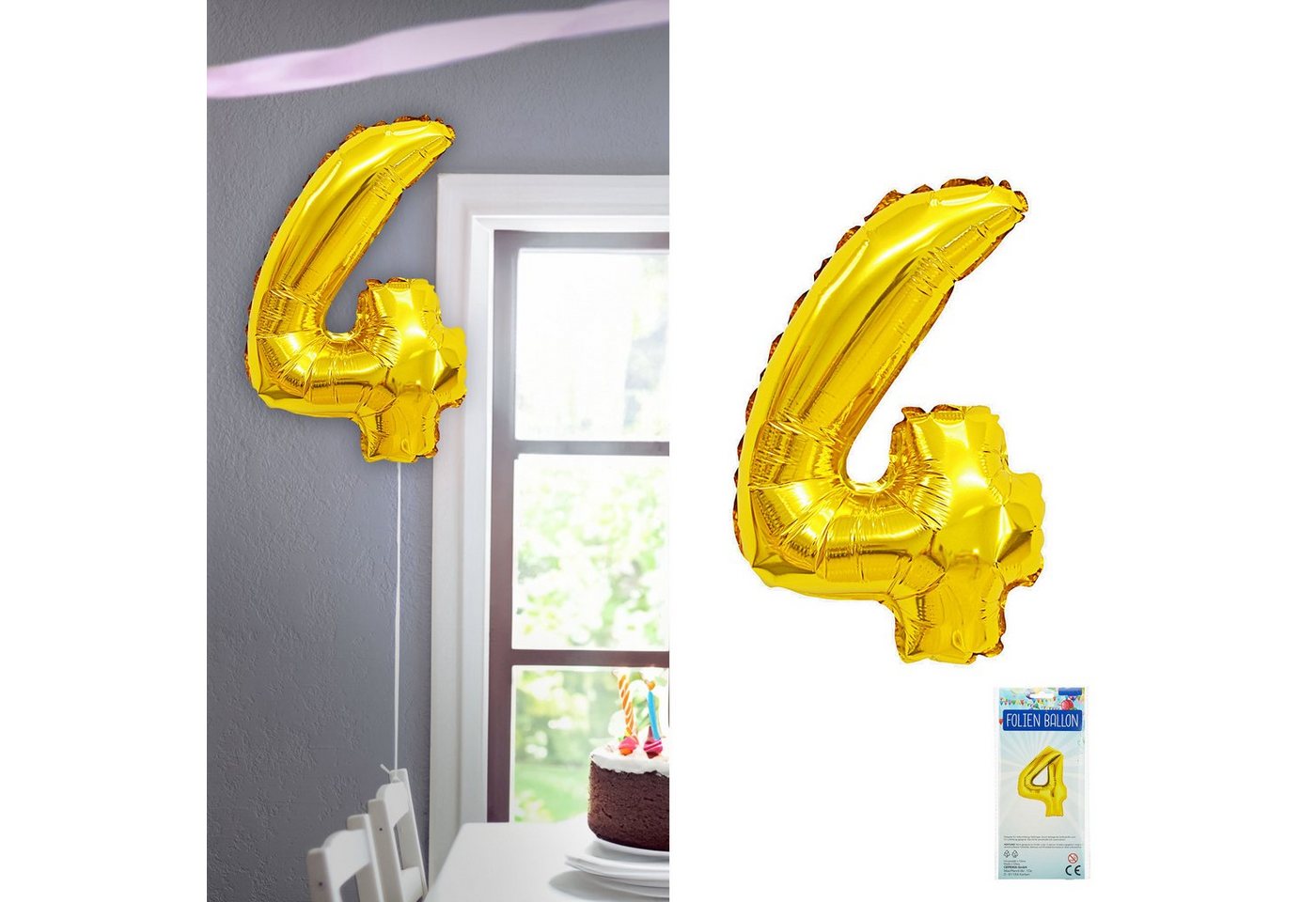 CEPEWA Folienballon Folienballon Zahl Vier gold H100cm BOPA/PET Luftballon Zahlenballon von CEPEWA