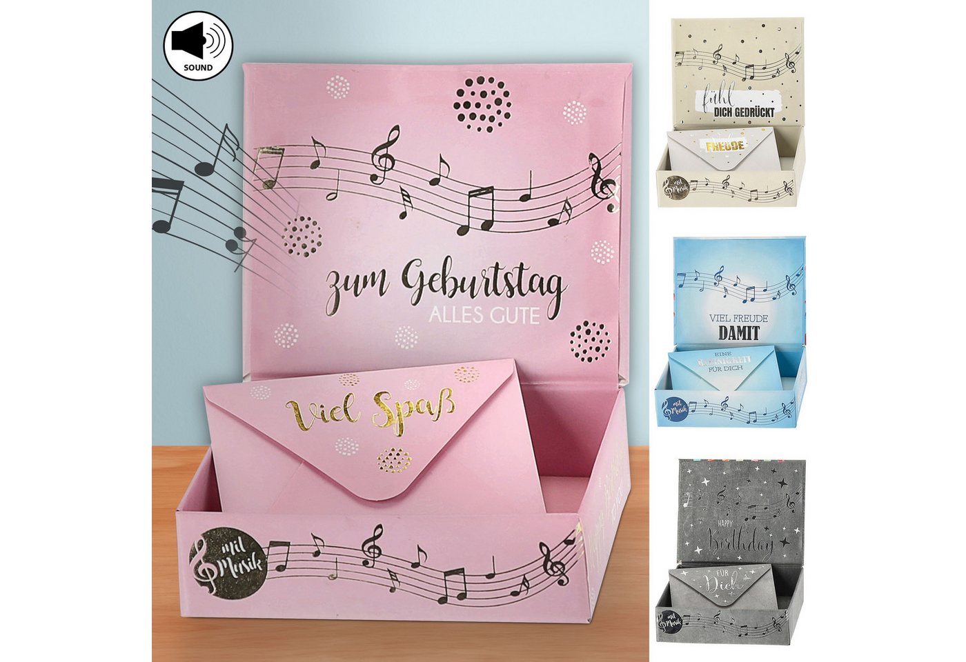 CEPEWA Geschenkbox Geschenkbox Musik 4er Set 4 Motive 9x7x3,5cm Karton Klappbox Umschlag von CEPEWA