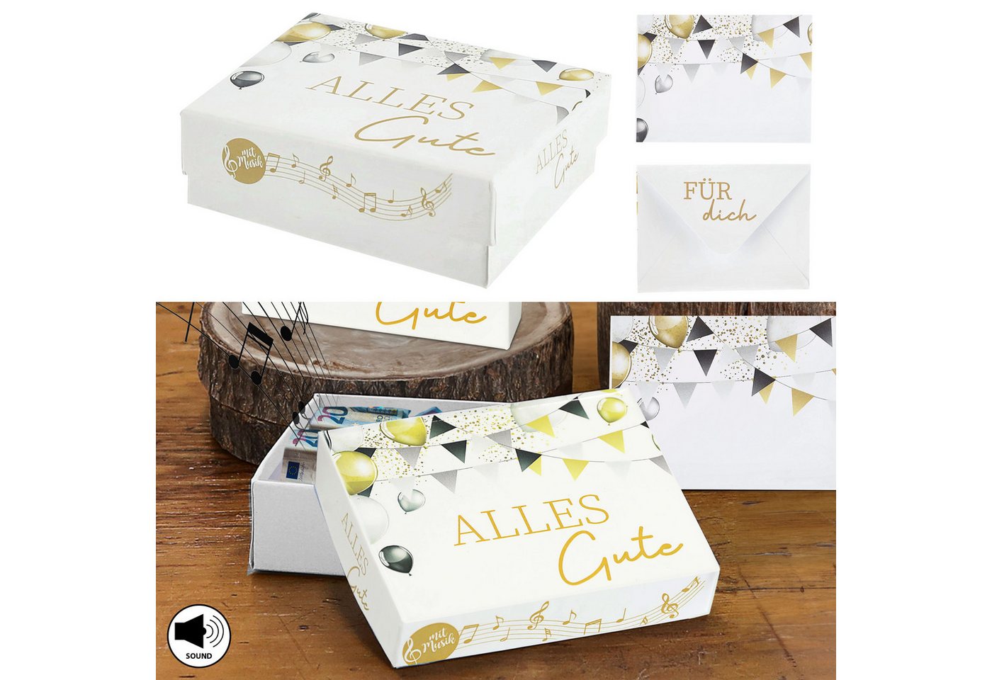 CEPEWA Geschenkbox Geschenkbox Musik 'Alles Gute' 9,5x7x3,5cm weiß gold schwarz Karton von CEPEWA