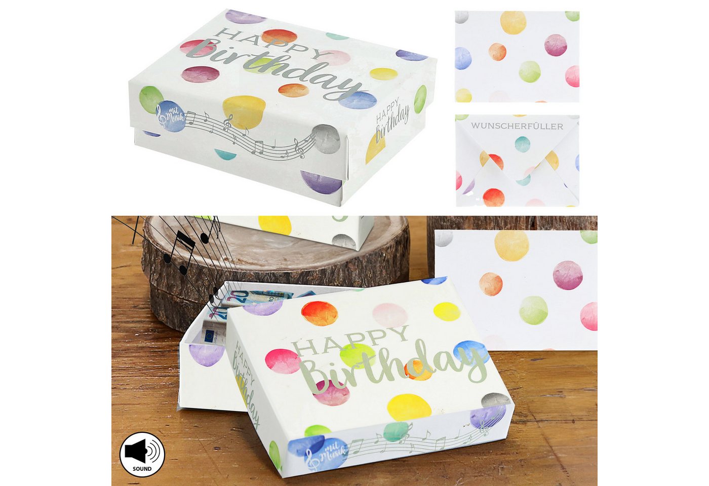 CEPEWA Geschenkbox Geschenkbox Musik 'Happy Birthday' 9,5x7x3,5cm weiß bunt Karton von CEPEWA