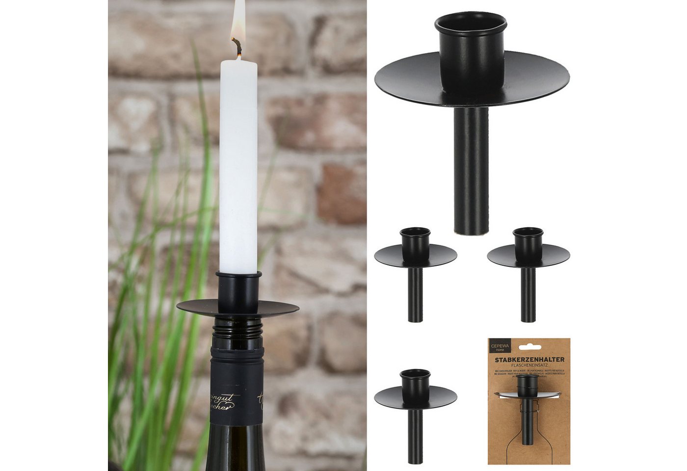 CEPEWA Kerzenhalter Stabkerzenhalter Flascheneinsatz 4er Set Metall schwarz 7x8cm Ständer CEPEWA Kerzenhalter Stabkerzenhalter Flascheneinsatz 4er Set Metall schwarz 7x8cm Ständer von CEPEWA