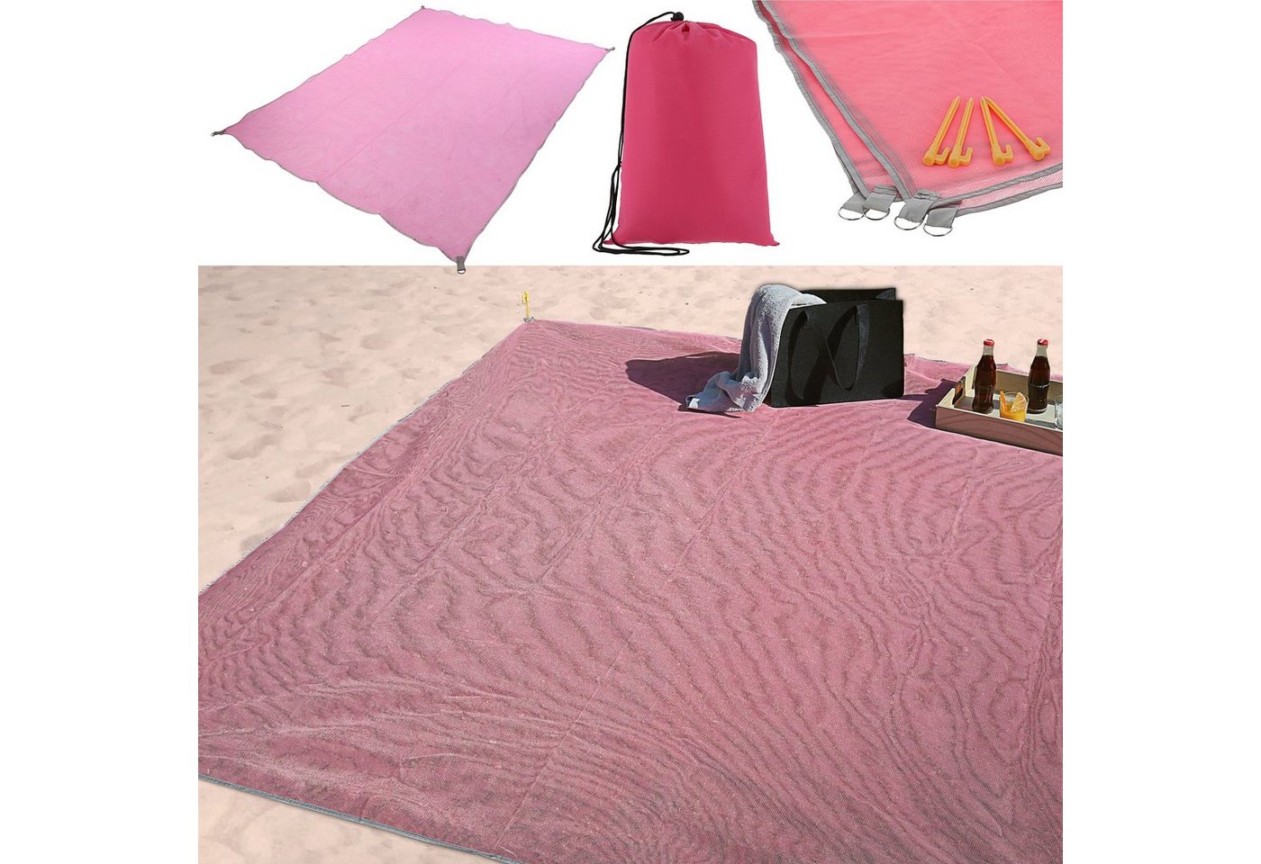 CEPEWA Strandtuch Stranddecke sandfrei pink 200x200cm Heringe Beutel von CEPEWA