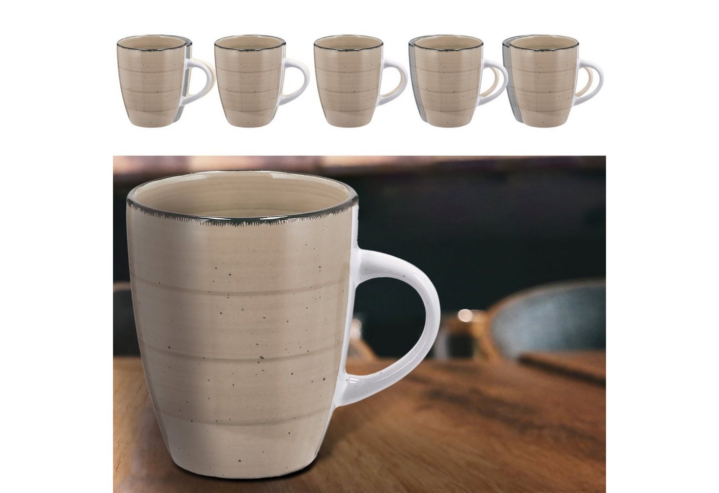 CEPEWA Tasse Kaffeebecher Steingut 6er Set beige 360ml 9x11cm Tasse Becher von CEPEWA