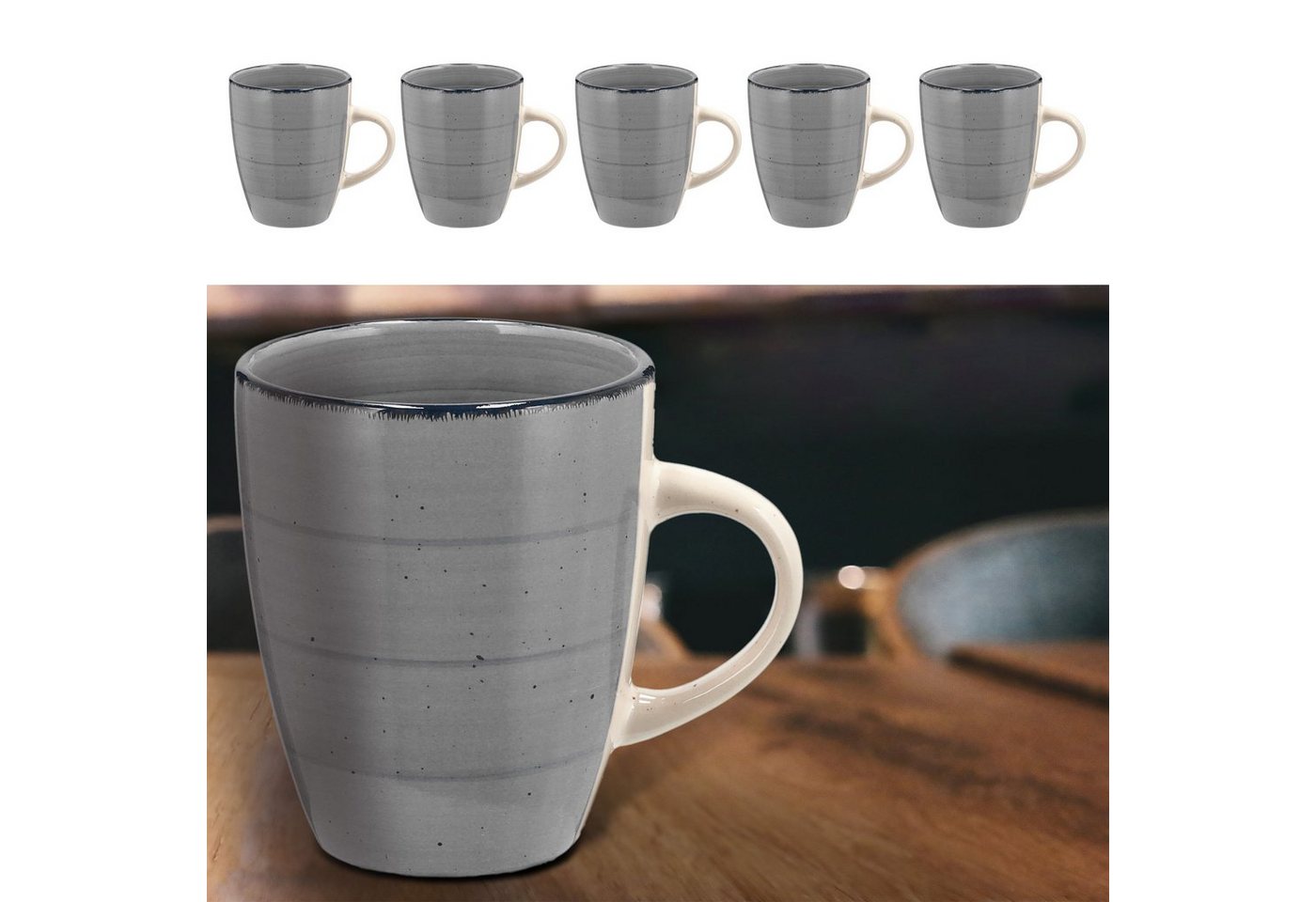 CEPEWA Tasse Kaffeebecher Steingut 6er Set grau 360ml 9x11cm Tasse Becher von CEPEWA