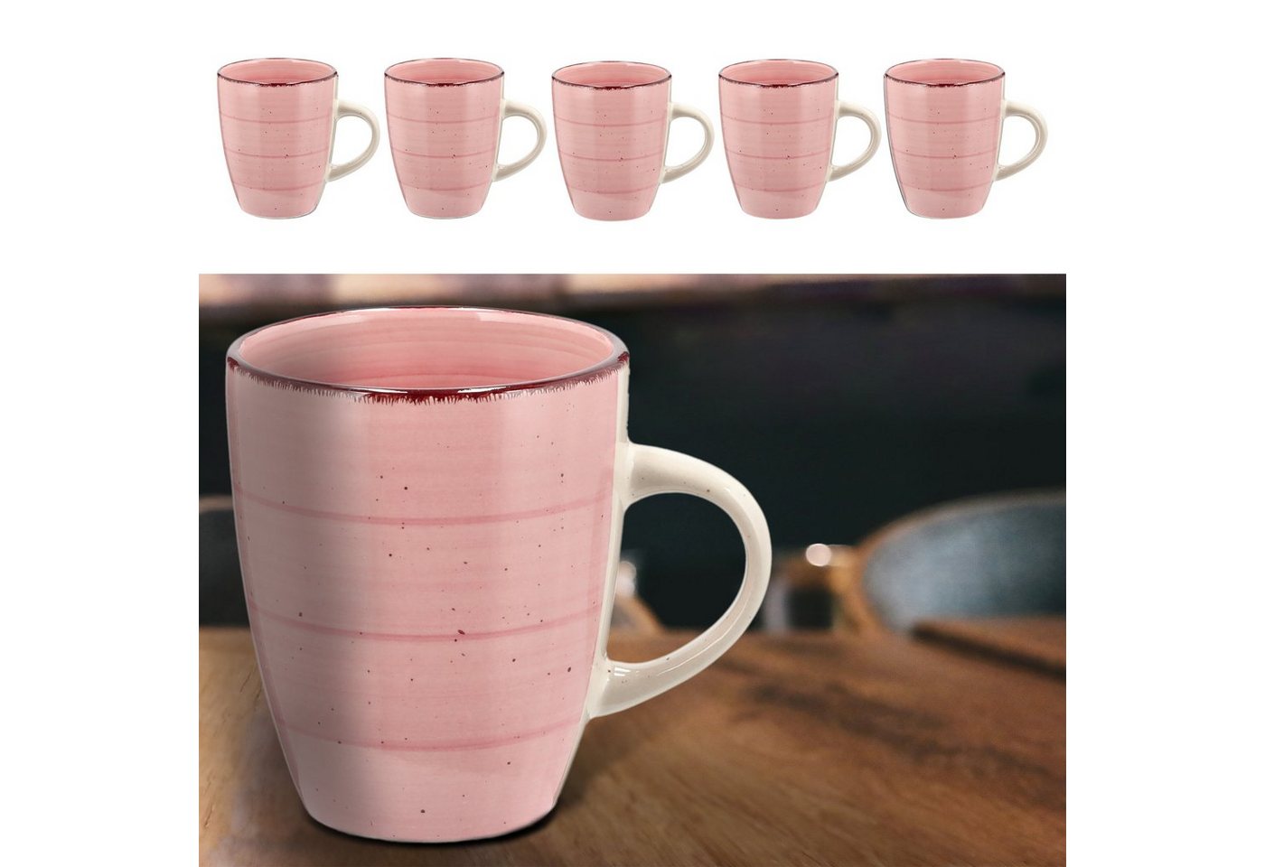 CEPEWA Tasse Kaffeebecher Steingut 6er Set rosa 360ml 9x11cm Tasse Becher von CEPEWA