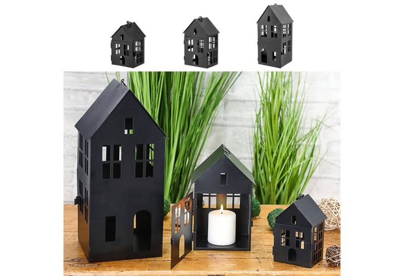 CEPEWA Windlicht Windlicht Haus 3er Set 3 Größen Eisen schwarz Metallhaus Deko Laterne von CEPEWA
