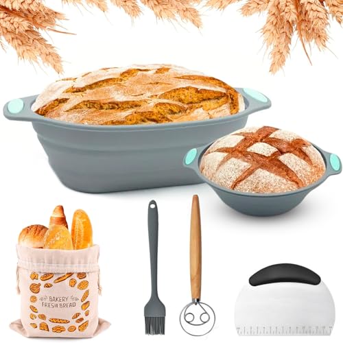 Professionelles Brotbackset aus Silikon – 2 faltbare & waschbare Gärkörbchen (rund & oval) mit Zubehör + Leinenbrotbeutel – Silikon Gärkörbchen für Brot – Gärkorb zum Brotbacken – Platzsparend von CERABELL