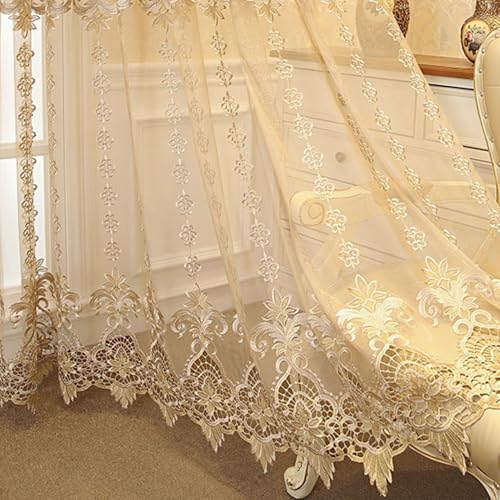 CERTNKI 2 Stücke Hohl Bestickte Halbtransparent Vorhänge Europäischen Stil Bestickte Voile Vorhang Für Bauernhaus Wohnzimmer Schlafzimmer,Hook up,H140xB120cm von CERTNKI