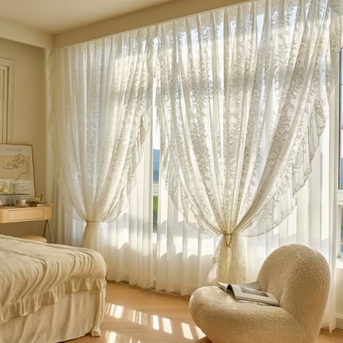 CERTNKI Elegante Französisch Bestickt Floral Weiß Sheer Vorhänge Mit Gerafften Kanten Voile Transparente Vorhänge Für Wohnzimmer & Schlafzimmer,Eyelet,H190xB170cm von CERTNKI