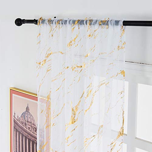 CERTNKI Marmorierte Bronzierung Vorhang Gardinen Dekorative Super Weiche Semi Transparent Voile Gardinenstange Für Wohnzimmer Schlafzimmer 2Er Set,Gold,W140xL245cm von CERTNKI