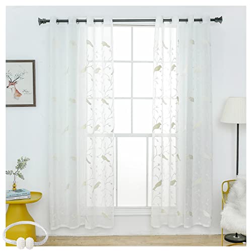 CERTNKI Vorhänge Vogel Stickerei Voile Vorhang Mit Ösen Drapieren Gardinen 2 Stück Für Schlafzimmer Wohnzimmer Balkon,Weiß,W120xL140cm von CERTNKI