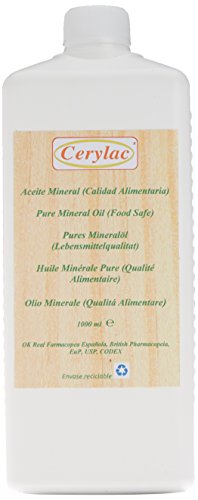 CERYLAC Reines Mineralöl für Holz - 1000 ml. Lebensmittelqualität. Mit Zulassung des britischen und spanischen Arzneibuchs, US-DAB-Zertifizierung, Zertifizierung nach Codex USB178.3620 (a) von CERYLAC