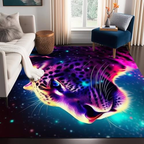 Galaxy Leopard Teppich Fierce Panther Kopfbereich Teppiche für Jungen Kinderzimmer Wohnzimmer Gameroom Mädchen Glitzer Teppich Bodenmatte Überwurf Teppiche 200,7 x 99,1 cm von CERYUEE