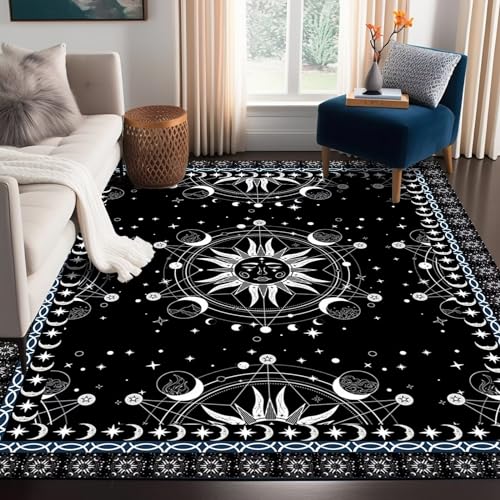 Sonne und Mond Teppich Boho himmlischer Bereich Teppiche für Schlafzimmer Wohnheim Wohnzimmer Bohemian Okkulte Halbmond Solar Sterne Galaxy Bodenmatte Pad Fußmatte Teppich, 149,9 x 99,1 cm, Schwarz von CERYUEE