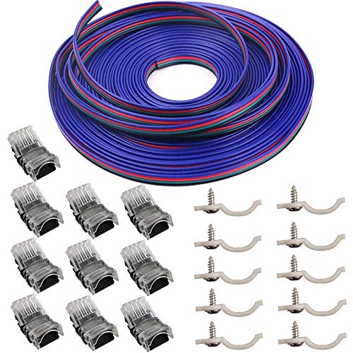 10er-Pack 4-poliger LED-Steckverbinder für wasserdichte 10-mm-RGB-5050-LED-Lichtleisten, Strip-to-Wire-Schnellverbindung ohne Abisolieren, 4-poligen Verlängerungskabels mit 16,4 Fuß (22 Gauge) von CESFONJER