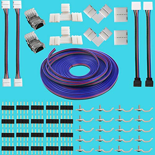 4 pin RGB 5050 LED Streifensteckverbinder, 2xT+L-förmigen Steckverbindern, 4xStreifenbrücke, 2xlückenlosem Steckverbinder, 20xLED-Streifenclip, 20x Stecker, 2xSchnellanschluss +Verlängerungskabel von CESFONJER