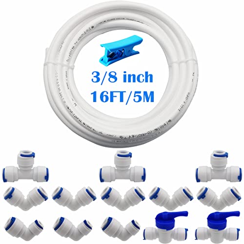 CESFONJER 3/8" RO Wasserfilter Fitting, 5 Meter Kühlschrankschlauch, (T + L Typ Combo + Absperrventil), L Typ Anschluss 1/4" auf 3/8" Fittings mit Schlauchcutter von CESFONJER