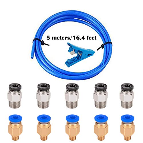CESFONJER 5 Meter PTFE Schlauch Blau Teflonschlauch mit 5 Stück PC4-M6 Pneumatik-anschlussstücke und 5 Stück PC4-M10 Verbinder und Leitung Rohrschneider, für 3D-Drucker 1,75 mm Filament von CESFONJER