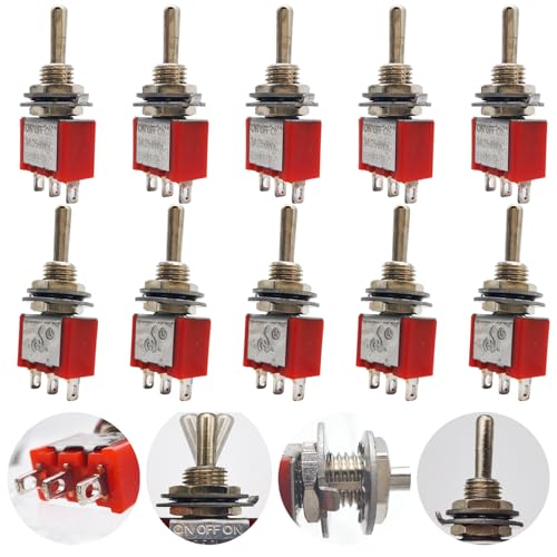 CESFONJER Mini-Kippschalter, AC 125V 6A / 250V 2A SPDT ON-Off-ON 3 Pins 3 Position Marinefahrzeuge Kippschalter, Instrumententafel Wippschalter (Rot 10 Pcs) von CESFONJER