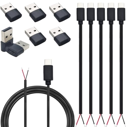 CESFONJER USB C Pigtail 2 adriges Kabel, Typ C Stecker Blankdrahtkabel 22 AWG und Adapter 5er Set, DIY Pigtail Stromkabel mit offenem Ende 1 m/3 Ft (Nur zum Aufladen des Geräts) von CESFONJER