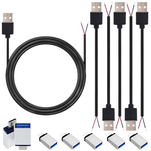 CESFONJER USB Stromkabel 2 adrig, USB 2.0 Stecker, blankes Drahtkabel, 1 m/3 Fuß & Adapter 5er Set, 24 AWG DIY Pigtail Stromkabel mit offenem Ende, nur zum Aufladen von Geräten von CESFONJER