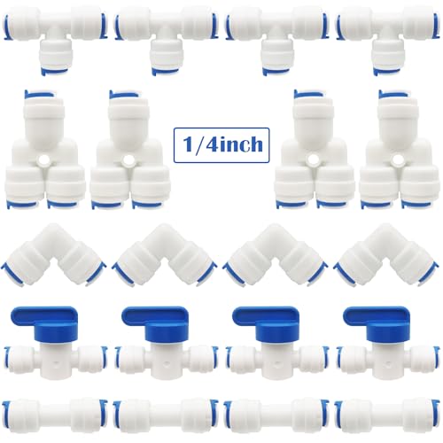 CESFONJER Wasserzulaufleitung Universal Anschluss-Set, RO Wasserfilter Fitting, 1/4" (6mm) Pushfit gerade Stecker für Wasserrohr, drücken, Pack von 20 (Y + T + I + L Typ Combo + Absperrventil) von CESFONJER