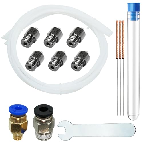 Düsen gehärteter Stahl, CESFONJER 0,6 mm MK8-Düsen 6 Stück, mit 3 * 0,6 mm Reinigungsstahlnadel+ 3 * 1 m Teflonschlauch + 6mm Gabelschlüssel + PC4-M6-M10 (1P + 1P), für 1,75 mm Filament Ender 3/CR-10 von CESFONJER