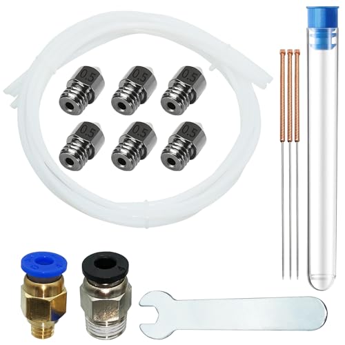 Düsen gehärteter Stahl, CESFONJER 6 Stück 0,5 mm Düsendruckkopf für Ender 3 1,75 mm Filament mit 3 *0,5 mm Reinigungsstahlnadel+ 3*1 m Teflonschlauch + 6-mm-Schraubenschlüssel+ PC4-M6-M10 (1P + 1P) von CESFONJER