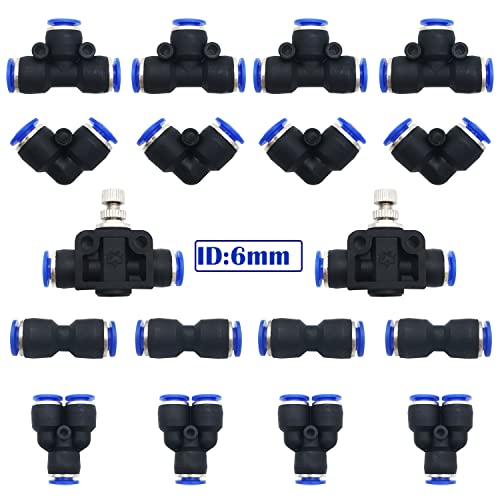 Pneumatik Steckverbinder, CESFONJER 18 pcs Air Push Schnellbefestigungen Kit, für 6mm PU/PE/Nylon Rohr (Y+T+L+I Typ +Rohrdrosselventil Combo) von CESFONJER