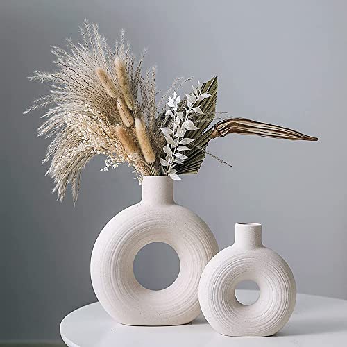 Weiße Keramikvase für Wohndekoration, Set mit 2 Runden Pampas Blumenvasen, minimalistischer Boho-Stil Deko Vasen für Wohnzimmer, Schlafzimmer, Esstisch, Hochzeit, Party, Büro von CESTATIVO