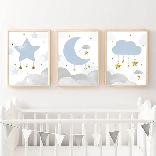 CEVAN Farmsio Mond Wolken Cartoon Leinwand Poster Kinderzimmer Drucken Blauer Stern Wandkunst Gemälde Nordic Kid Dekoratives Bild Baby Junge Schlafzimmer Dekor/No Rahmen von CEVAN