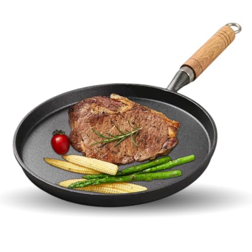 CEWROM Gusseisenpfanne Induktion Grillpfanne 20cm, Cast Iron Pan Gusspfanne mit Holzgriff, Runde Pfanne Gusseisen, Tragbar Eierpfanne Bratpfanne für Camping Kochen Gasherd von CEWROM
