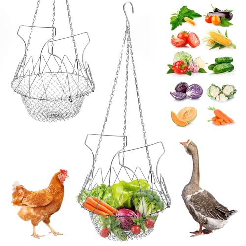 CEWROM Hühner Gemüse Obst Hängende Futterautomat, Faltbar 16,5 Zoll großer Spielzeug Huhn Feeder Geflügel Obsthalter mit 4 Ketten, Geflügel Obsthalter für Geflügel, Enten & Gänse, Futterspender von CEWROM