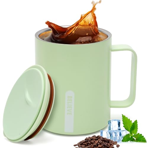 CEWROM Kaffeebecher 400 ML, Doppelwandiges Vakuum Thermo Kaffeebecher, Edelstahl Kaffeetasse Teetasse Thermobecher mit Griff und Schiebedeckel für Büro Travel Camping von CEWROM