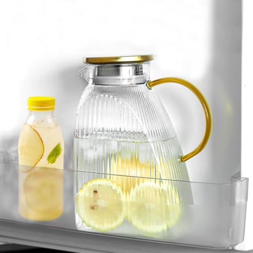 CEWROM Karaffe Glas mit Deckel, 1.8L/63oz Kühlschrank Glaskanne mit Edelstahldeckel, Hoch Borosilikatglas Karaffe Krug für Heiße Oder Kalte Hausgemachte Getränke von CEWROM