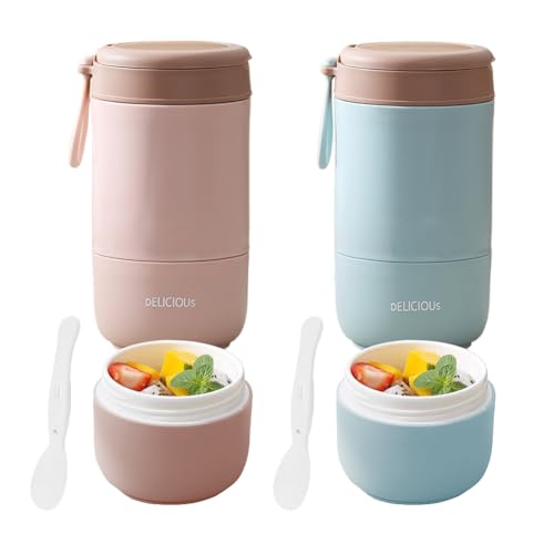 CEWROM Müslibecher To Go mit Deckel, 2 Pcs Thermobehälter Für Essen 730ml, PP-Material Porridge Becher Joghurtbecher To Go Löffel, Doppelschicht Müslibecher Auslaufsicherer Joghurtbecher von CEWROM