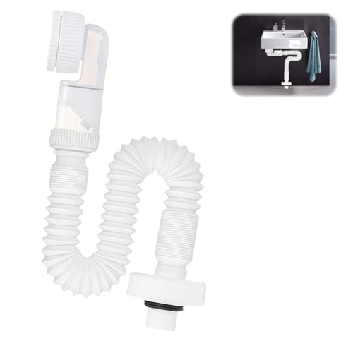 CEWROM Siphon 1 1/4 Zoll, Raumsparsiphon Waschtisch, Abflussrohr Waschbecken Siphon Einstellbarer, Flexibler Siphon Geruchsdichter, Flexibles Ablaufschlauch Austauschbarer Abwasserrohr (Weiß) von CEWROM