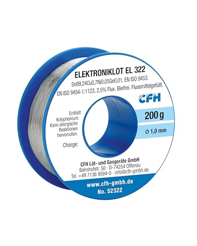 CFH Elektroniklot EL 322 – Lötzinn Ø 1,0 mm, 200 g, flussmittelgefüllt, bleifrei, ideales Lot für präzise Feinlötungen in der Elektronik und Elektrotechnik, hochwertige Qualität, Made in Germany CFH Elektroniklot EL 322 – Lötzinn Ø 1,0 mm, 200 g, flussmittelgefüllt, bleifrei, ideales Lot für präzise Feinlötungen in der Elektronik und Elektrotechnik, hochwertige Qualität, Made in Germany von CFH