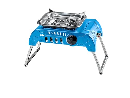 CFH Gaskocher Premium einflammig GK 425 - Hochwertiger Camping Kocher 2,4 kW, 175 g/h, Mit Piezozündung, Flammenregulierung, Edelstahl-Topfauflage, stabile Klappfüße, Für Gasdosen mit Anschraubgewinde von CFH