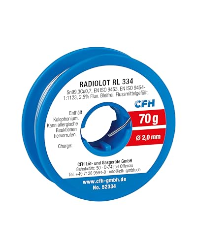 CFH Radiolot RL 334 – Lötzinn Ø 2,0 mm, 70 g, flussmittelgefüllt, bleifrei, Lot für Feinlötungen, Klempnerarbeiten, Fernmeldebau und allgemeine Lötarbeiten, hochwertige Qualität, Made in Germany CFH Radiolot RL 334 – Lötzinn Ø 2,0 mm, 70 g, flussmittelgefüllt, bleifrei, Lot für Feinlötungen, Klempnerarbeiten, Fernmeldebau und allgemeine Lötarbeiten, hochwertige Qualität, Made in Germany von CFH