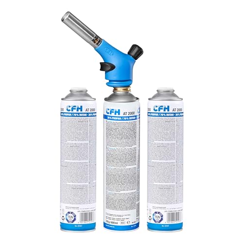CFH Profilötgerät TS 1800 - Set mit 3x Gasdosen AT 2000, Leistungsstarkes Vielzweck Gas Lötgerät mit Piezozündung und Ø 20 mm Spezialbrenner, Lötbrenner zum Hartlöten und Weichlöten von CFH