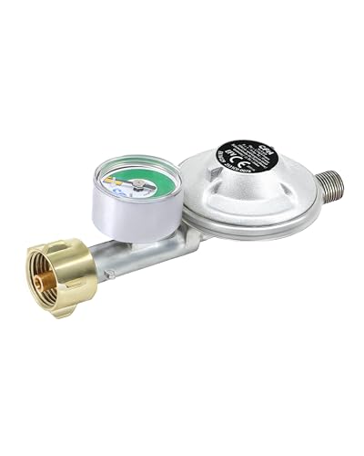 CFH Gasdruckregler Gasflasche mit Füllstandsanzeige DRF 428 - Gasdruckregler 50 mbar mit Manometer & Schlauchbruchsicherung, Eingang G.12 und Ausgang H.4 1/4", gemäß EN 16129, Durchfluss 1,5 kg/h von CFH
