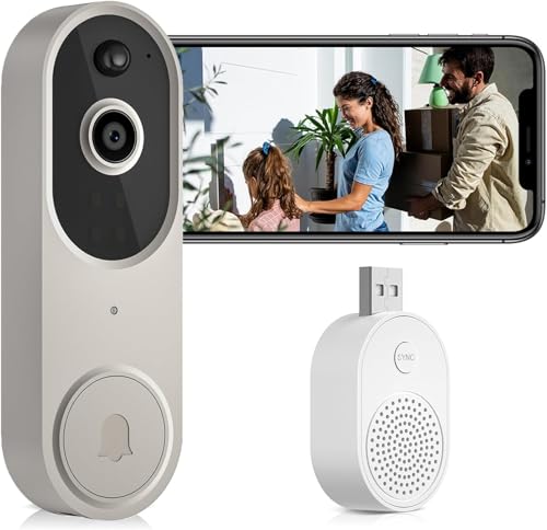 CFITANK Drahtlose Türklingel mit Kamera, HD 1080P WiFi Outdoor Wasserdicht,Gegensprechanlage,HD Nachtsicht, Cloudless Storage,Al Human Detection Doorbell (Beige) von CFITANK