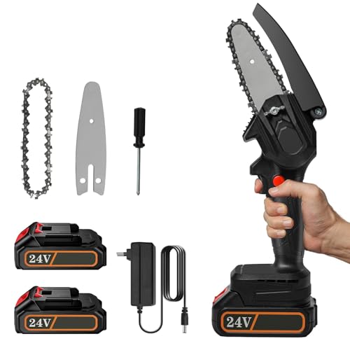 Mini Kettensäge,Akku Kettensäge 4 Zoll,Mini Kettensäge mit Akku 6500 mAh,mit 2 Stück 24 V Batterien,Handkettensäge Akku für Gartenschere,Astschere Holzschneiden (2x Akku, 1x Ladegerät) von CFITANK