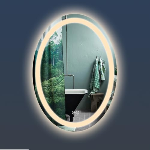 CFLNHMSY Ovaler Badspiegel, LED Beleuchteter Badspiegel, Smart Touch Badezimmerspiegel, Zeit Und Temperaturanzeige, Dreifarbig, Multifunktionaler Wandspiegel(Dual Touch Warm,50 * 70cm) von CFLNHMSY