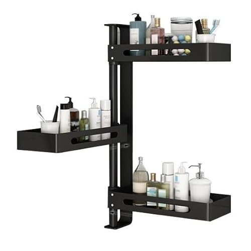 Duschablage 3-stufiges wandmontiertes Badezimmer-Aufbewahrungsregal, höhenverstellbarer, um 180 ° schwenkbarer Badezimmer-Organizer, Badezimmerregal aus Aluminium ohne Bohren Duscheckregal(Schwarz) von CFY652
