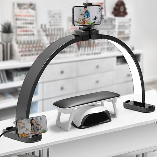 CGBE Desktop Halbmondlampe für Nägel mit Handyhalter: 30 Zoll - 45 W - 3000-6500K Dimmbar Mit 3 Farbmodi - Faltbare Tischlampe für Kosmetiker Nageltechniker - Wimpernverlängerung Tattoo Maniküre von CGBE